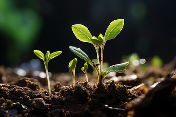 Young green seedlings growing from rich soil, new sprout of a plant. Generate Ai