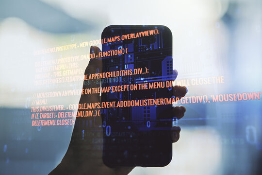 Double exposure of abstract creative programming illustration and hand with cellphone on background, big data and blockchain concept