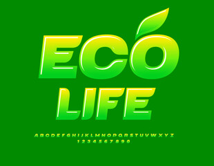 Vector green template Eco Life. Green glossy Font. Modern Alphabet Letters and Numbers.