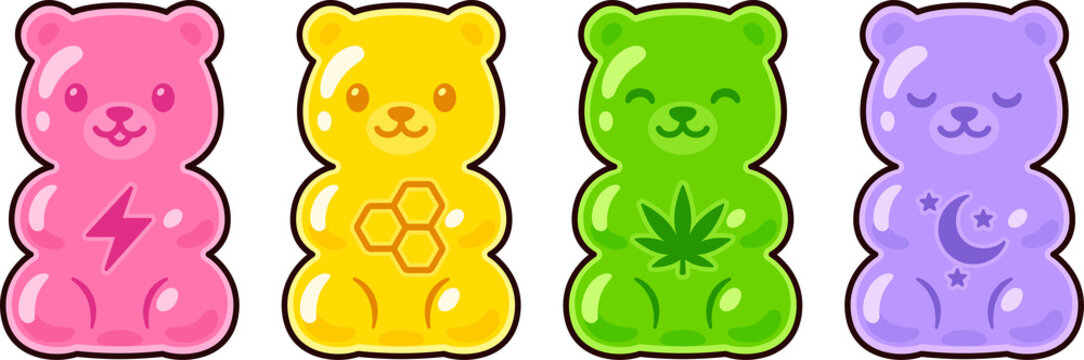 Cute cartoon supplement gummy bear drawing set. Energy, multivitamin, CBD edible, melatonin. Clip art Illustration.