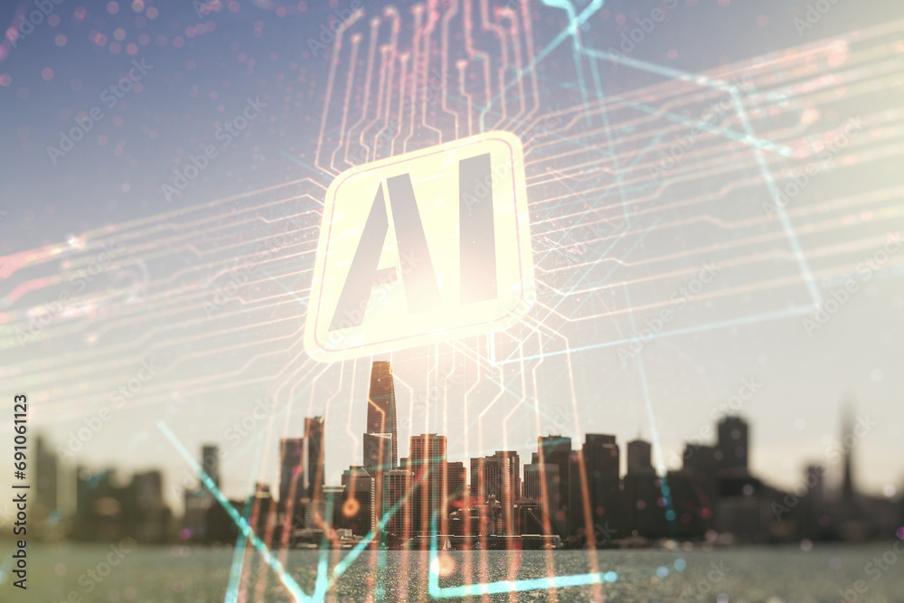 Poster double exposure of creative artificial intelligence icon on san francisco city skyscrapers backgroun