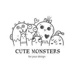 Vector card with cute cartoon monsters. Doodle poster with fantastic characters.