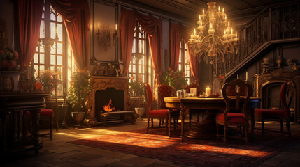 Classic 17th century house interior. Darker colours. Luxurious furniture. Gold plated furniture....