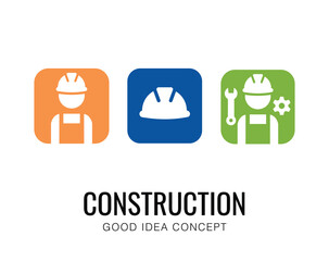 Construction Building Logo Icon, worker hard hat. Design Vector
