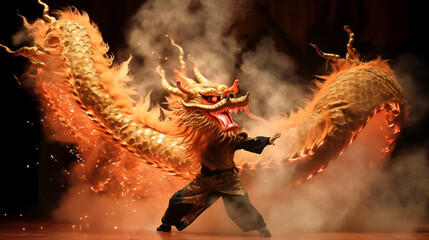Exciting dance in a Chinese dragon costume at the festival