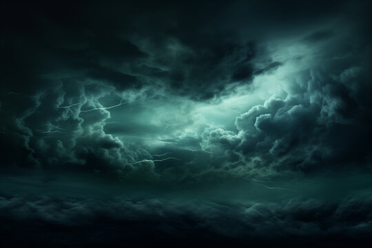 A dramatic night sky unfolds in shades of black, dark greenish-blue, creating an ominous backdrop of stormy rain clouds. The atmosphere is filled with gloomy foreboding, featuring thunderstorms, hurri