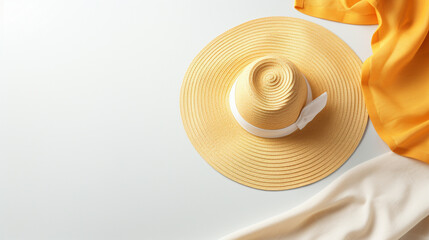 Imagine a beach hat and sunscreen on a spotless white background, symbolizing the essentials for a sun-filled and carefree summer day