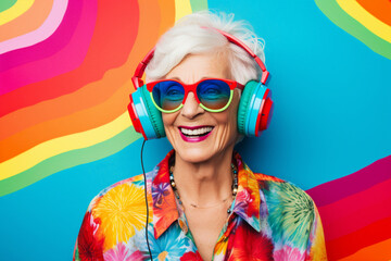 Matured funny woman with wrinkles in her face wearing a colorful headset and sunglasses isolate in abstract background, smiling happy senior woman wearing colorful fancy cloths close up portrait photo - Powered by Adobe