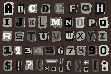 Gray ransom collage style letters Paper Cut out vector alphabet. Blackmail Ransom Kidnapper Anonymous Note Font. Letters, Numbers and punctuation symbols. Criminal ransom letters. Compose your own - obrazy, fototapety, plakaty
