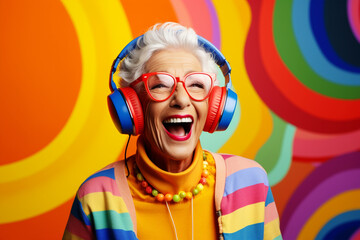 Matured funny woman with wrinkles in her face wearing a colorful headset and sunglasses isolate in abstract background, smiling happy senior woman portrait of wearing colorful fancy cloths and jewels