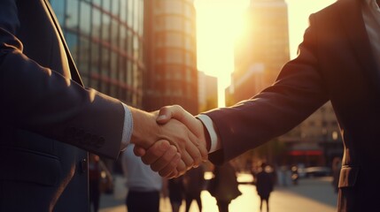 Businessmen making handshake with partner, greeting, dealing, merger and acquisition, business joint venture concept, for business, finance and investment background, teamwork  - obrazy, fototapety, plakaty