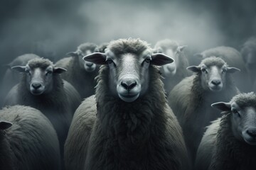 a black sheep standing out in a crowd of white sheep. The black sheep symbolizes the concept of being different or standing out from the crowd - obrazy, fototapety, plakaty