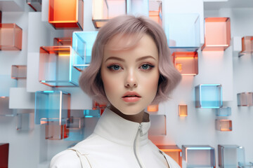 Futuristic portrait of a confused blonde in a white leather jacket against a background of glowing 3D cubes.