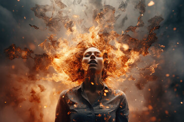 Creative concept of psychological burnout and mental health. Portrait of a burning and destroying woman on the background of fire.