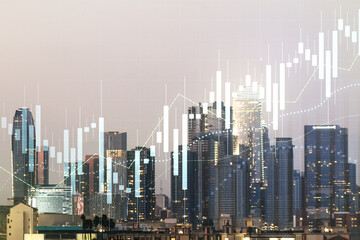 Abstract virtual financial graph hologram on Los Angeles skyline background, forex and investment concept. Multiexposure