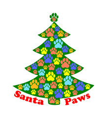 A flat illustration of a Christmas tree decorated with dag paws and text Santa Paws in full colour, isolated on a white background