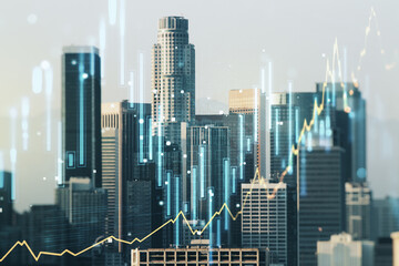 Double exposure of abstract creative financial chart hologram on Los Angeles skyscrapers...