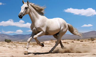 White horse galloping in the desert on a background of blue sky.
