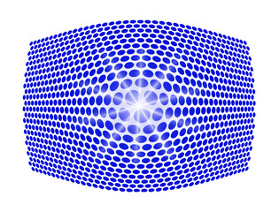 An illustration of a pattern consisting of blue circles strongly magnified in the middle with a light blue patch and a sparkle bursting, isolated on a white background.