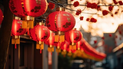 Red and gold lanterns hanging on a street, in the style of eastern and western fusion, 
