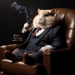 businessman hamster in a big armchair. hamster mafia boss - pay respect! - obrazy, fototapety, plakaty
