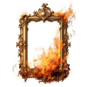 golden baroque image frame in flames on white background. 