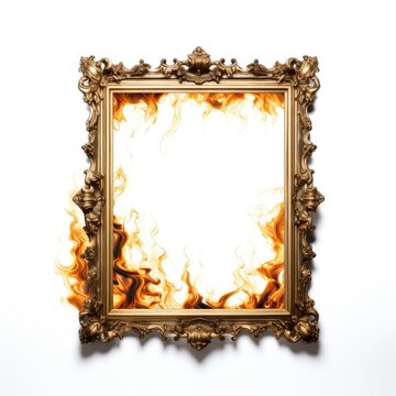 golden baroque image frame in flames on white background. 