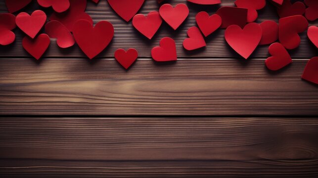 Red paper hearts wooden background vintage decoration, award winning studio photography, professional color grading, soft shadows, no contrast, clean sharp focus, focus stacking
