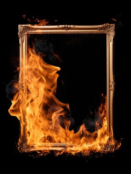 golden baroque image frame in flames on dark background. 