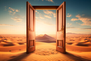 An open door in the desert symbolizing opportunity and the concept of the unknown, reflecting a startup or new beginnings.
