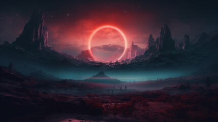 A glowing circle in the middle of nowhere in the minimalist style of retro visuals, vibrant fantasy landscapes, cyberpunk. Night landscape
