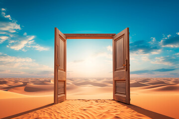 An open door in the desert symbolizing opportunity and the concept of the unknown, reflecting a startup or new beginnings.
