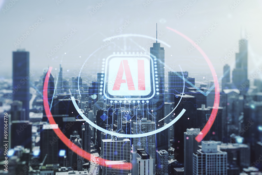 Aufkleber double exposure of creative artificial intelligence abbreviation hologram on chicago office building