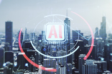 Double exposure of creative artificial Intelligence abbreviation hologram on Chicago office buildings background. Future technology and AI concept