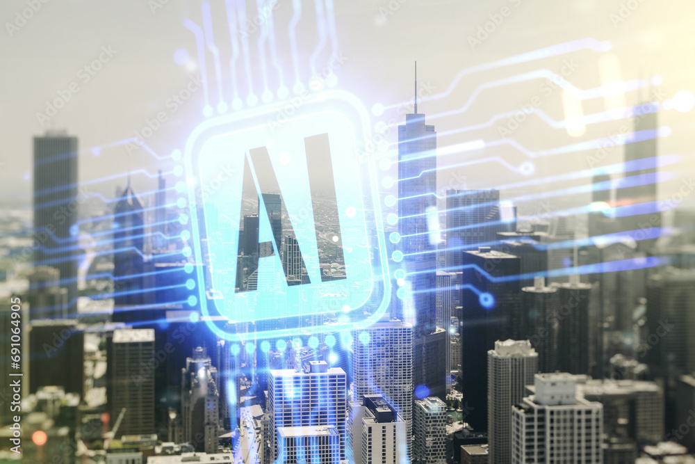 Poster double exposure of creative artificial intelligence icon on chicago city skyscrapers background. neu