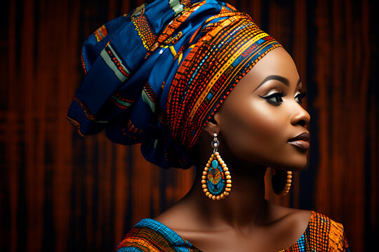 Captivating profile of an African woman in traditional attire and accessories, set against a backdrop adorned with striking African patterns. Bright image. 