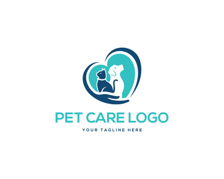 Dog and Cat Animal Logo Design Love Symbol Vector Template Illustration.