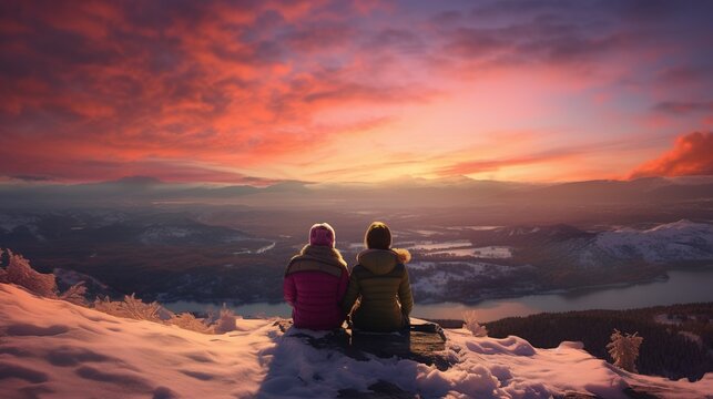 Two friends sharing a quiet moment on a snowy hill, wrapped in blankets, watching the winter sunset paint the sky with hues of pink and orange