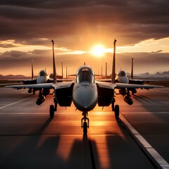 Fighter plane on the runway in the evening sunset sky.Military plane, photo generated with AI