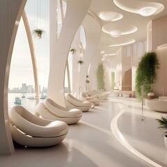 Spa centre design in white colors and panoramic windows. High tech modern design. Cosmetology and recreation hall. Generated with AI - obrazy, fototapety, plakaty