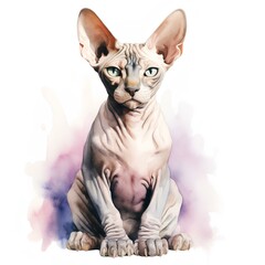 Sphynx  breed cat siting on white background, watercolor illustration generated with AI