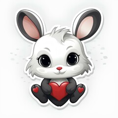 Cute graphical sticker bunny with heart  on white background, illustration created with generative AI technologies.