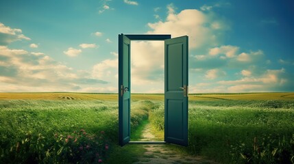 There is a door in a green field. When you open it, you can enter a different world, door and door...