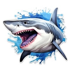 White shark in water on white background, megalodon logo .Watercolor illustration created with Generative AI technology