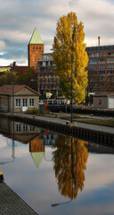 Herbstbaum und Turm des Märkischen Museums spiegeln sich im Wasser der denkmalgeschützten...