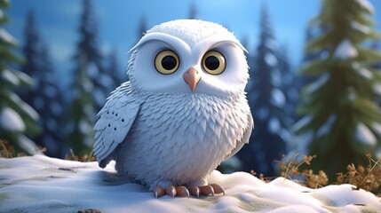 White cartoon owl in the forest.