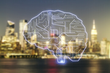 Double exposure of creative human brain microcircuit hologram on blurry office buildings background. Future technology and AI concept