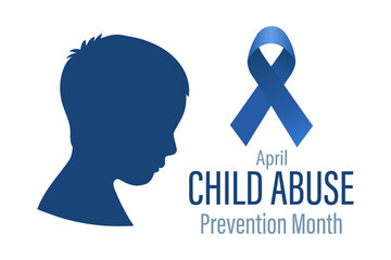 Child Abuse Prevention Month, April. Silhouette of a child in profile and a blue ribbon. Banner, poster - obrazy, fototapety, plakaty