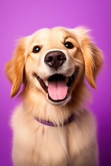 A close-up portrait of a golden retriever puppy on a purple background