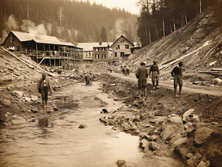 An historical black and white photograph showing the gold rush era in the late 1800s.